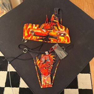 Jaded London Red & Black Flame Car Print Bikini Set